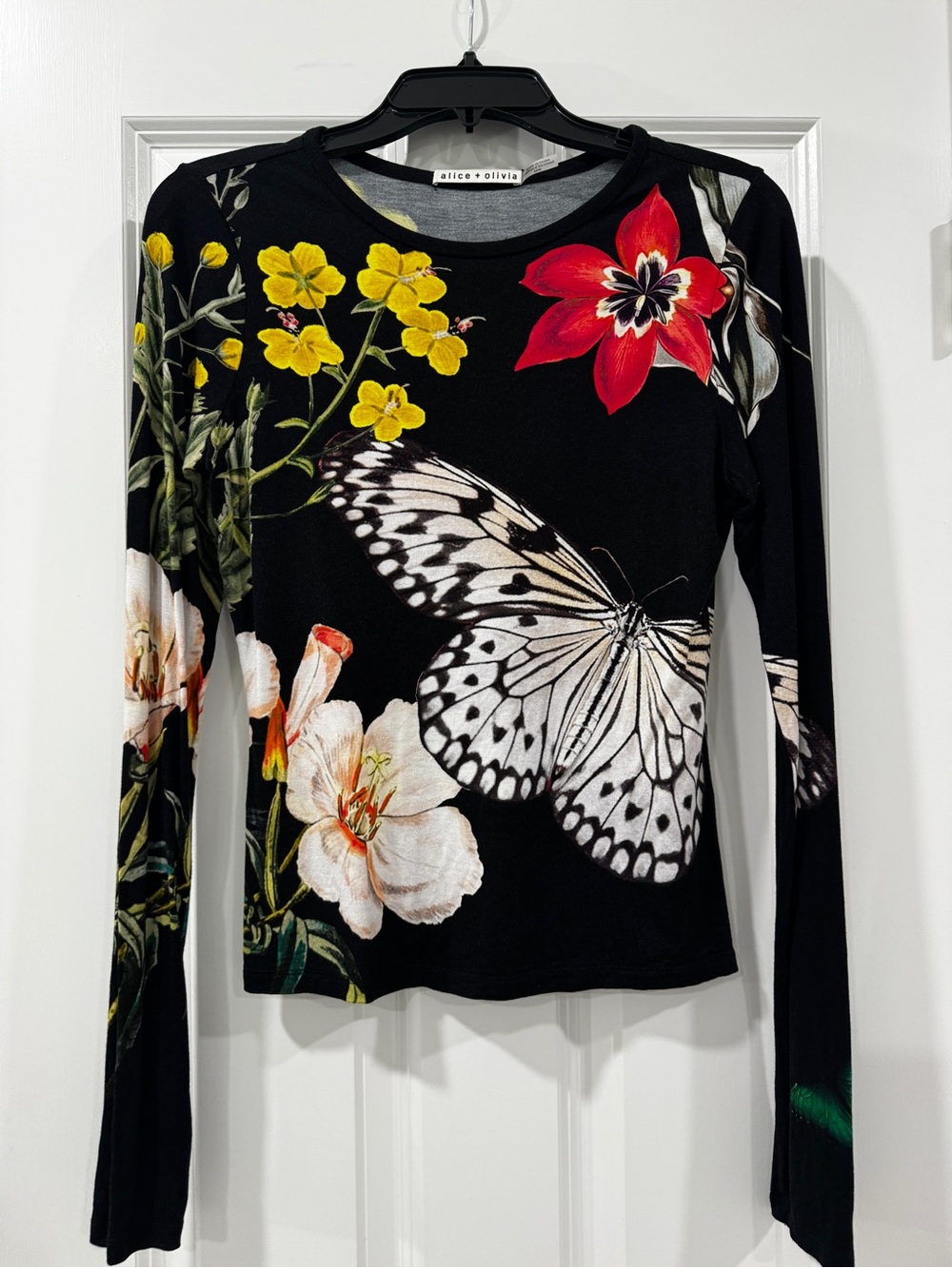 Alice + Olivia Black Long Sleeve Floral & Butterfly Print Top